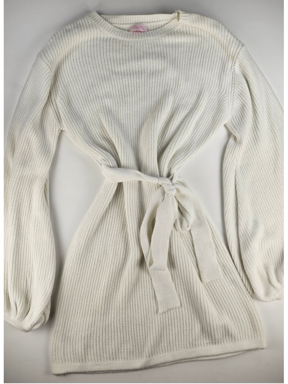 Pink Lily Sweater Dress Womens XL Ivory Tie Waist Balloon Sleeve Ribbed